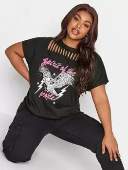 Image of Yours Laser Cut Placement Print Tee Free Spirit, Black, Size 26-28, Women