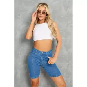 Image of I Saw It First Mid Wash Seam Detail Denim Cycling Shorts - Blue