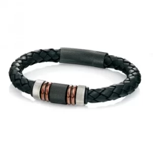 Image of Mens Fred Bennett Stainless Steel Leather Bracelet 8.5 Inch