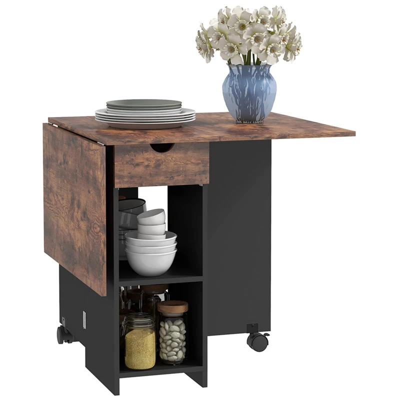 Image of HOMCOM Foldable Dining Table, Drop Leaf Table with Storage for Kitchen Brown