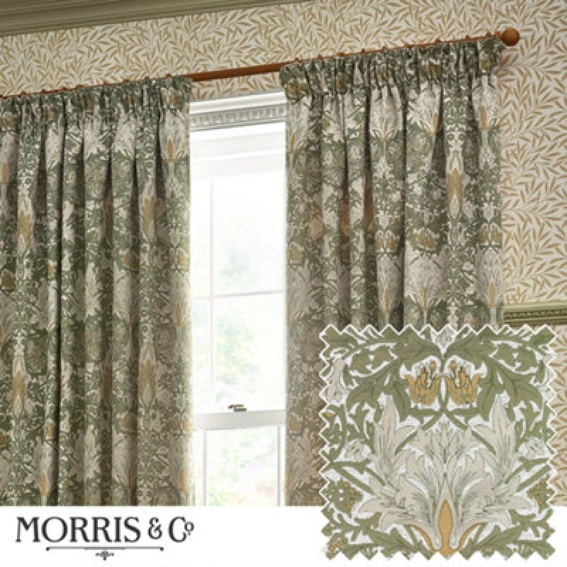 Image of Morris & Co Morris & Co Snakeshead Jacquard Chenille Room Darkening Pencil Pleat Curtains in Stone Size: 168cm width x 137cm drop Stone 168cm width