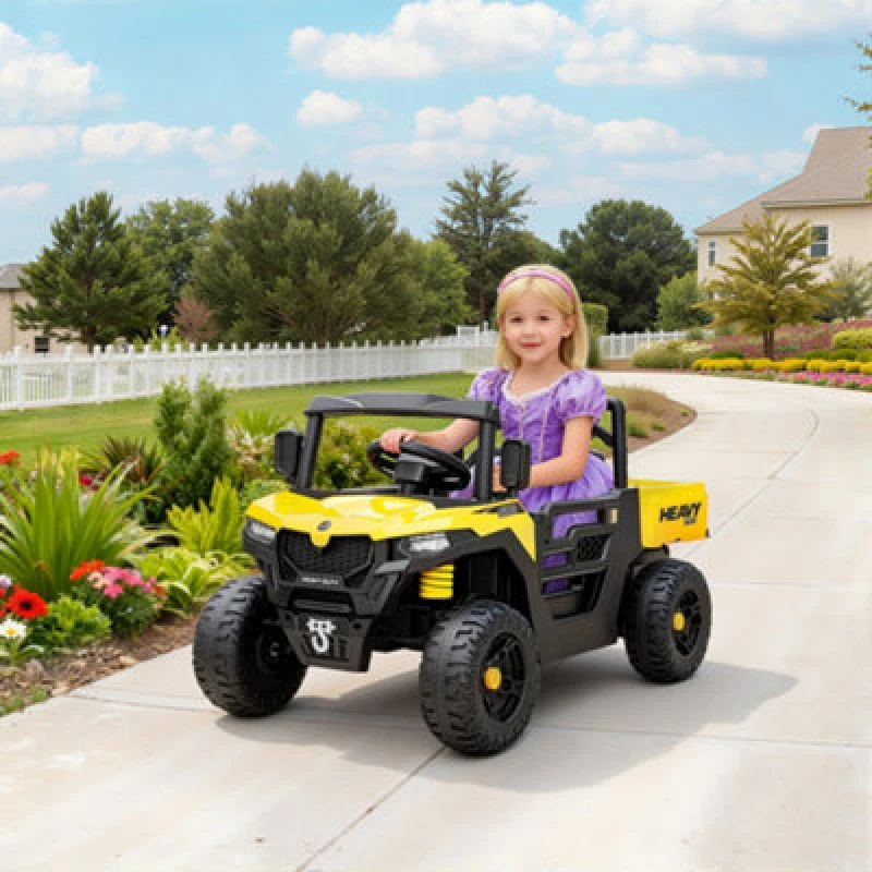 Image of Aiyaplay 12V Kids Ride On Car, Kids Utv With Electric Dump Bed, Yellow