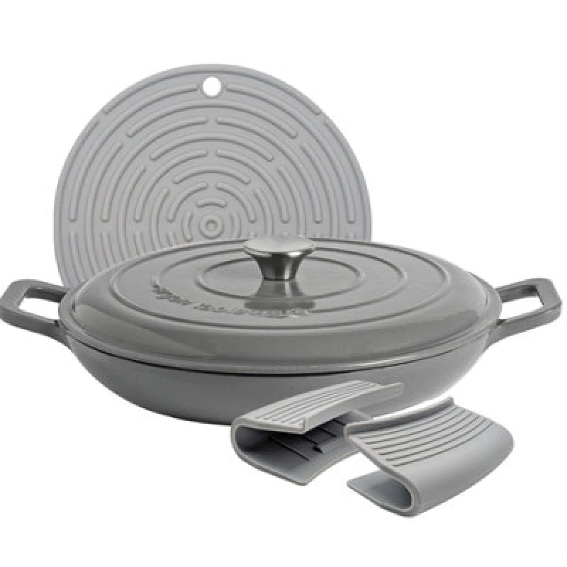 Image of Argon Tableware Shallow Cast Iron Casserole Dish - 2.3L Slate Grey Enamel Finish, Oven Safe Dutch Oven Cookware With Lid