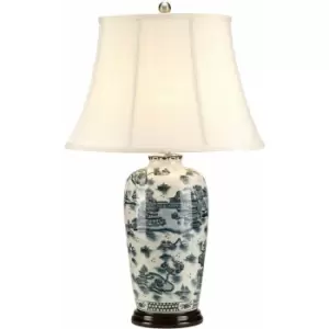 Image of Table Lamp Chinese Buildings & Willow Tree Design Cream Shade Blue LED E27 60W