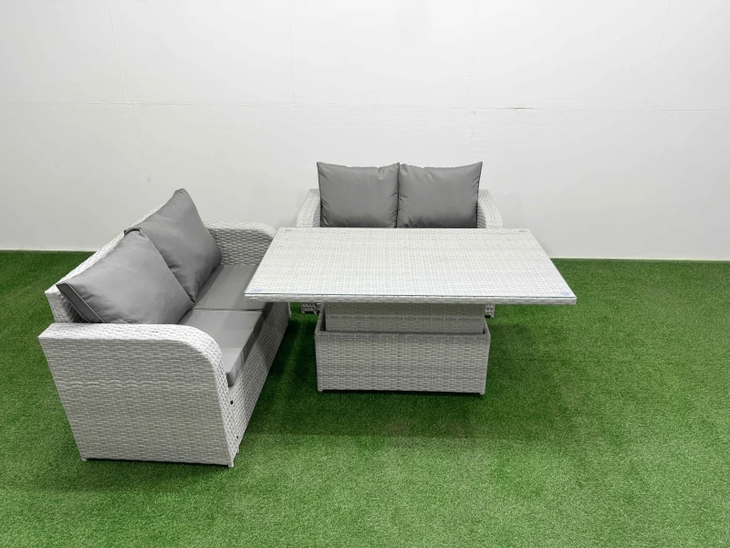 Image of Fimous 4 Seater Outdoor Love Sofa Set Rattan Garden Furniture Set with Adjustable Lifting Dining or Coffee Table Light Grey Light Grey