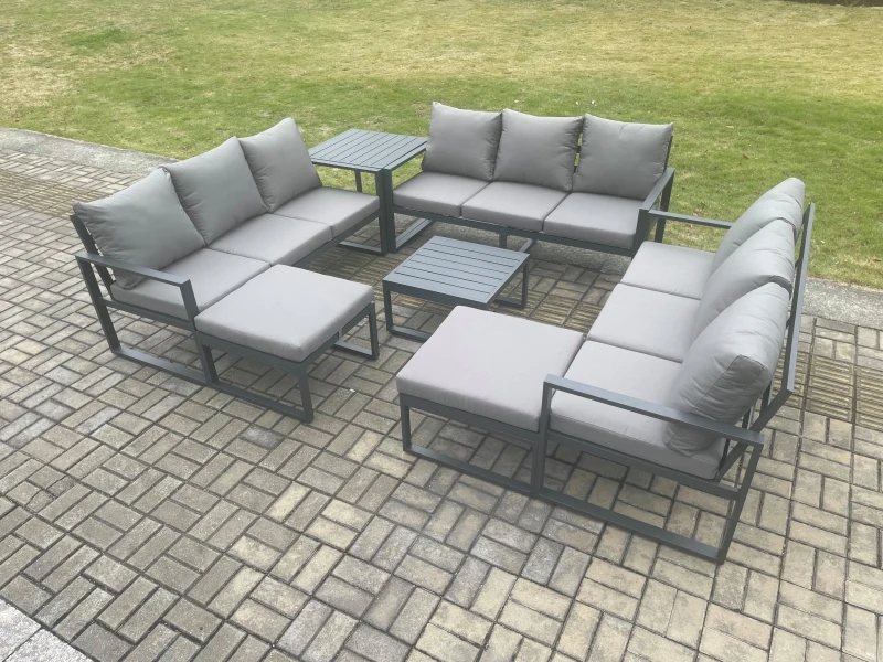 Image of Fimous Aluminium Outdoor Garden Furniture Set Patio Lounge Sofa with Square Coffee Table Side Table 2 Big Footstools Conservatory Set in Dark Grey Dar