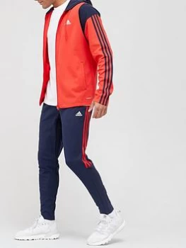 Image of Adidas Rib 3 Stripe Hood Tracksuit - Red/Navy