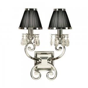 Image of 2 Light Indoor Twin Candle Wall Light Polished Nickel Plate with Black Shades, E14