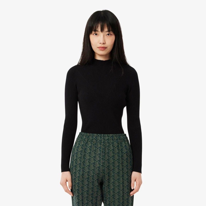 Image of Lacoste High Neck 3D Rib Knit Sweater Black female 8