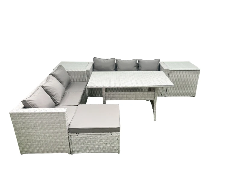 Image of Fimous Rattan Garden Furniture Set 7 Seater Outdoor Sofa Set with Dining Table 2 Side Tables Big Footstool Light Grey Mixed Light Grey