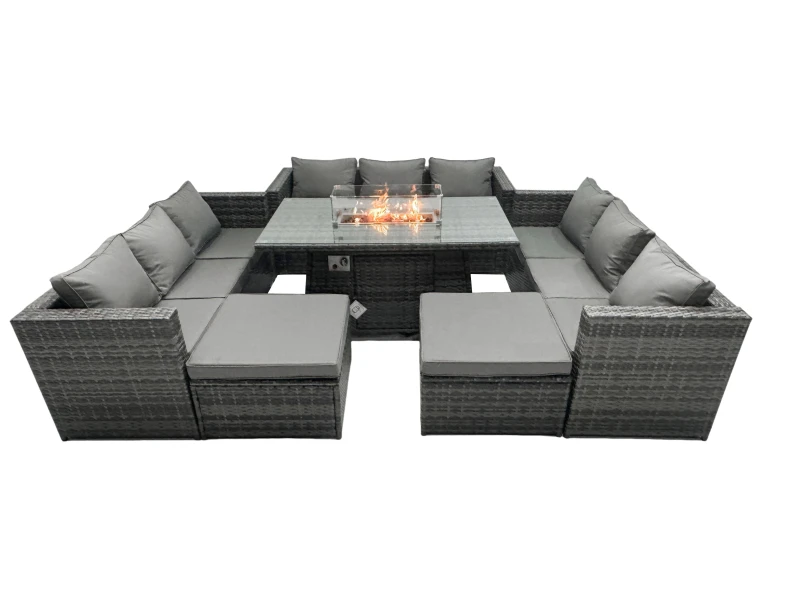 Image of Fimous Rattan Garden Furniture Firepit Set Outdoor 11 Seater Patio Dining Sets with Glass Top Dining Table Dark Grey