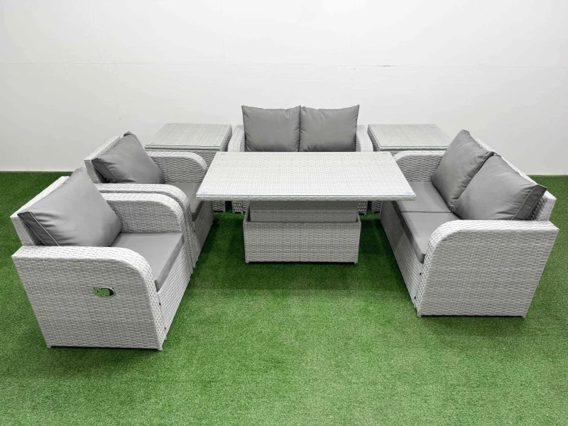 Image of Fimous 6 Seater Outdoor Reclining Chair Love Sofa Set Rattan Garden Furniture Set with Adjustable Lifting Dining or Coffee Table 2 Side Tables Light G