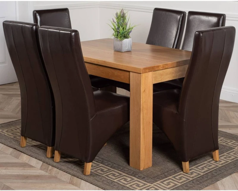 Image of Thats Furniture Dakot 127 x 82cm Oak Small Dining Table & 6 Lola Leather Chairs in Brown Size: 127 x 82cm Brown Unisex 127 x 82 cm