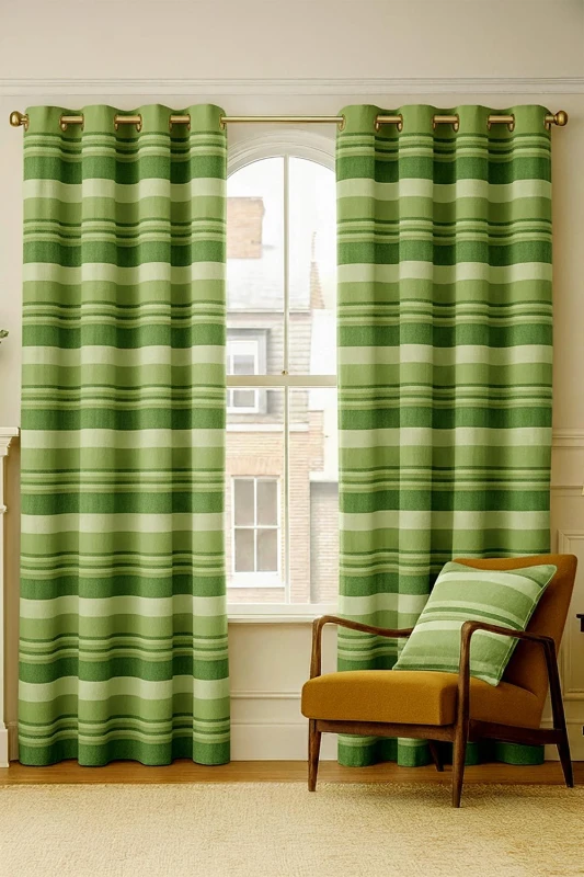 Image of Homescapes Cotton Morocco Striped Green Curtains 167 X 182 Cm