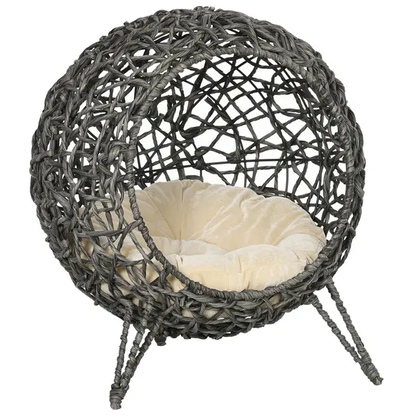 Image of PawHut Rattan Elevated Cat Bed House Kitten Basket Ball Shaped Pet Furniture w/ Removable Cushion - Silver-Tone and Grey