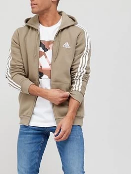 Image of adidas 3-Stripe Fleece Zip Hoodie - Khaki, Khaki/White, Size L, Men