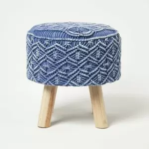Image of Willow Macrame Blue Footstool - Blue - Homescapes