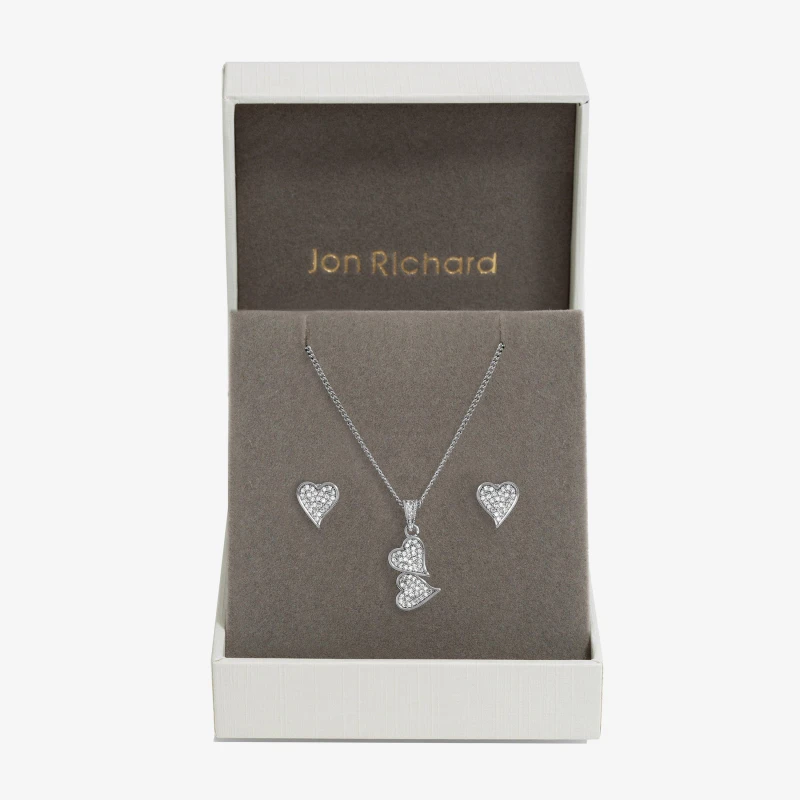 Image of Jon Richard Rhodium Plated Cubic Zirconia Double Heart Pendant Jewellery Sets One Size Silver 72235811000