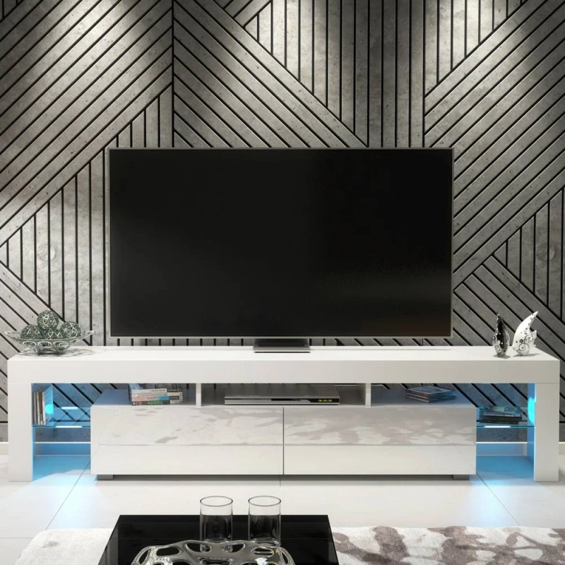 Image of Creative Furniture Nova TV Unit 200cm - White with Gloss Doors + LED Lights White Unisex