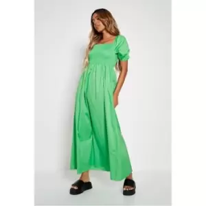 Image of I Saw It First Green Cotton Poplin Shirred Short Sleeve Maxi Dress - Green
