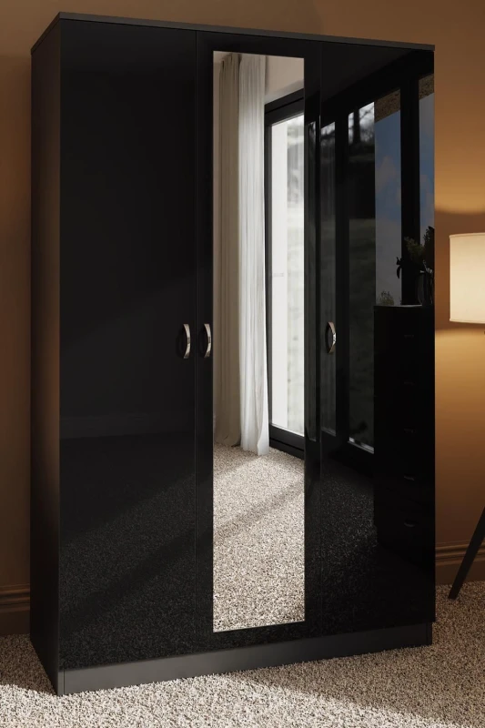 Image of FWStyle FWStyle 3 Door Triple Wardrobe Black Gloss Mirrored Door Black One Size Unisex 5056413121219