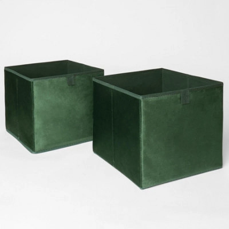 Image of OHS OHS Pair of 2 Matte Velvet Cube Storage Boxes in Dark Green Dark Green One Size Unisex 5027434157419