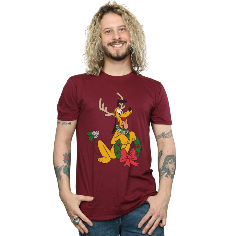 Image of Disney Men Pluto Christmas Reindeer T-Shirt in Burgundy Size: Small Burgundy S Male 5059400324655