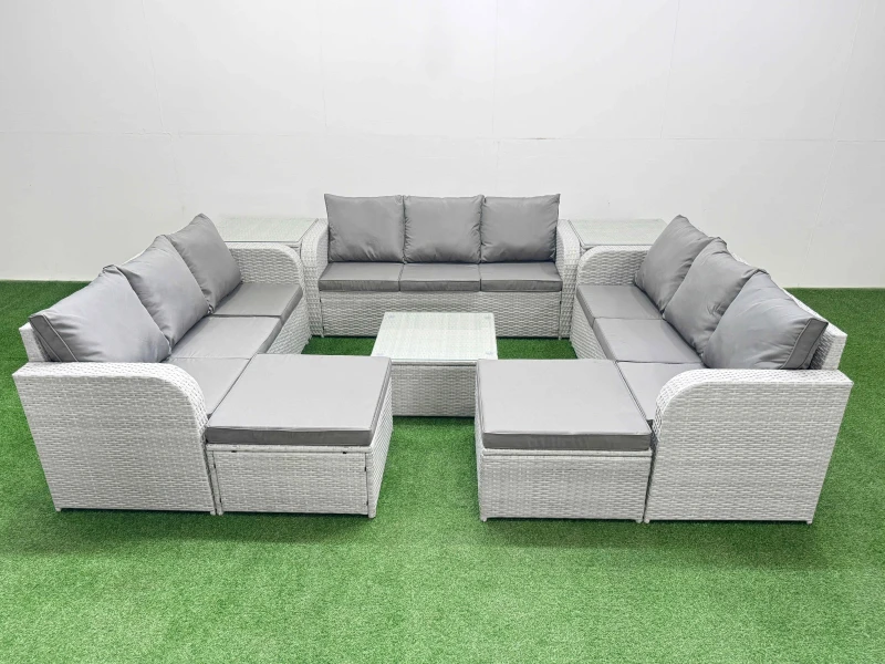 Image of Fimous PE Rattan Lounge Sofa Set 11 Seater Outdoor Garden Furniture Set with Square Coffee Table 3 Seater Sofa 2 Big Footstools 2 Side Table Light Gre