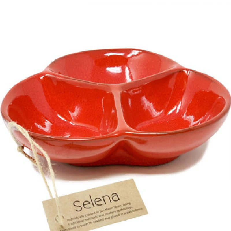 Image of Verano Spanish Ceramics Selena Glazed Hand Dipped Kitchen Dining Snack Trio Dish Medium Red (D) 18Cm