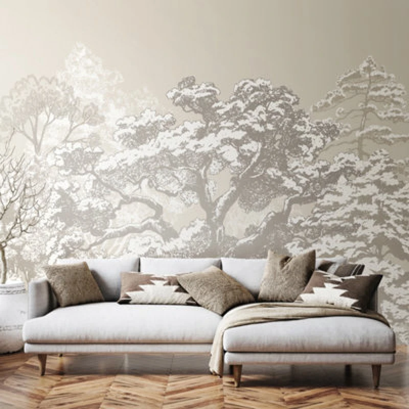 Image of Origin Murals Etched Trees Wall Mural in Light Grey Size: W350cm x H280cm Light Grey Unisex W350cm x H280 cm