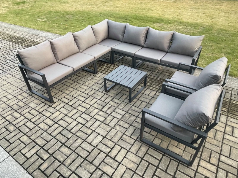 Image of Fimous Outdoor Garden Furniture Patio Lounge Corner Sofa Aluminium Set with Square Coffee Table 2 Pcs Arm Chairs Dark Grey Dark Grey Unisex