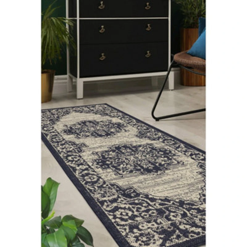 Image of Melrose County Sisal Inspired Traditional Medallion Large Navy Non-Slip Area Runner Rug 060/230Cm