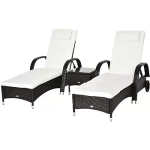 Image of Outsunny - 3 pcs Rattan Lounger Recliner Bed Garden Furniture Set Side Table Brown - Brown