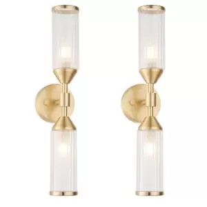 Image of 2 PACK Satin Brass Twin Wall Light & Ribbed Glass Shades Frosted Glass Defusers