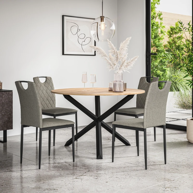 Image of More4Homes Malvern Round Dining Table And Chairs - Oak Table Top W Solid Oak Black Legs + Monza Fabric Dining Chair Set Of 4 (Grey)