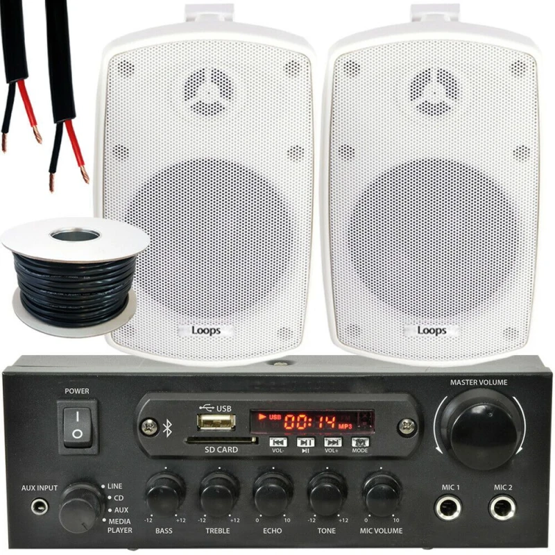 Image of Loops Outdoor Bluetooth Speaker Kit 2x 60W White Stereo Amplifier Garden BBQ Parties White unisex