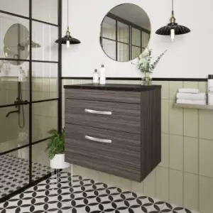 Image of Nuie Athena Wall Hung 2-Drawer Vanity Unit with Sparkling Black Worktop 600mm Wide - Anthracite Woodgrain