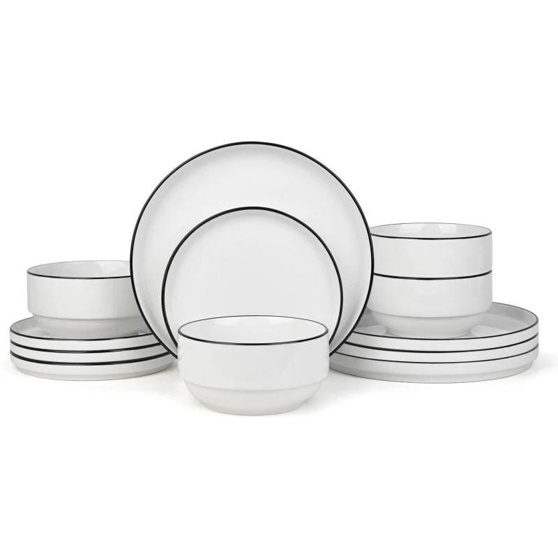 Image of Waterside 12PC Stackable White with Black Rim Dinner Set White unisex ONE SIZE