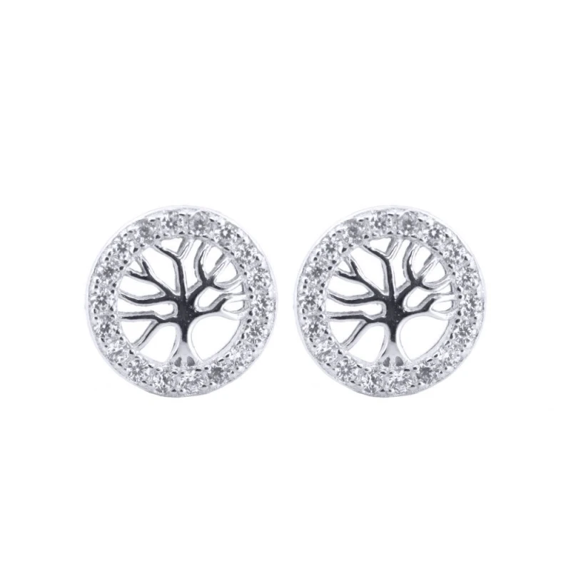 Image of Jewelco London Silver Round CZ Halo Circle Tree of Life Stud Earrings - AES202 Silver female