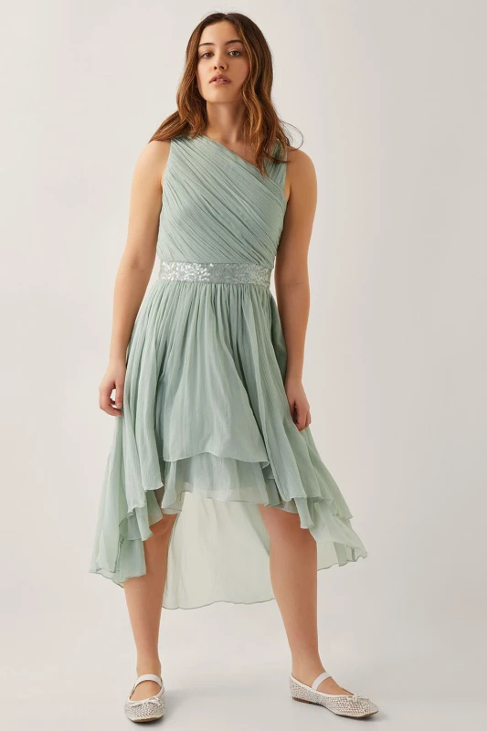 Image of Monsoon Girl's Abigail One-Shoulder Prom Dress Blue in Green Size: 13 Years Green Female 13 Years