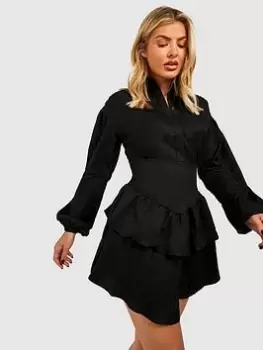 Image of Boohoo Ruffle Skirt Shirt Dress - Black, Size 14, Women