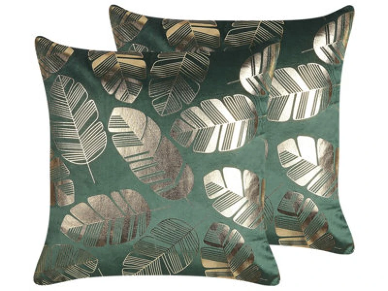 Image of Beliani Set Of 2 Decorative Cushions Sunflower Velvet 45 X 45cm Dark Green Plant Pattern