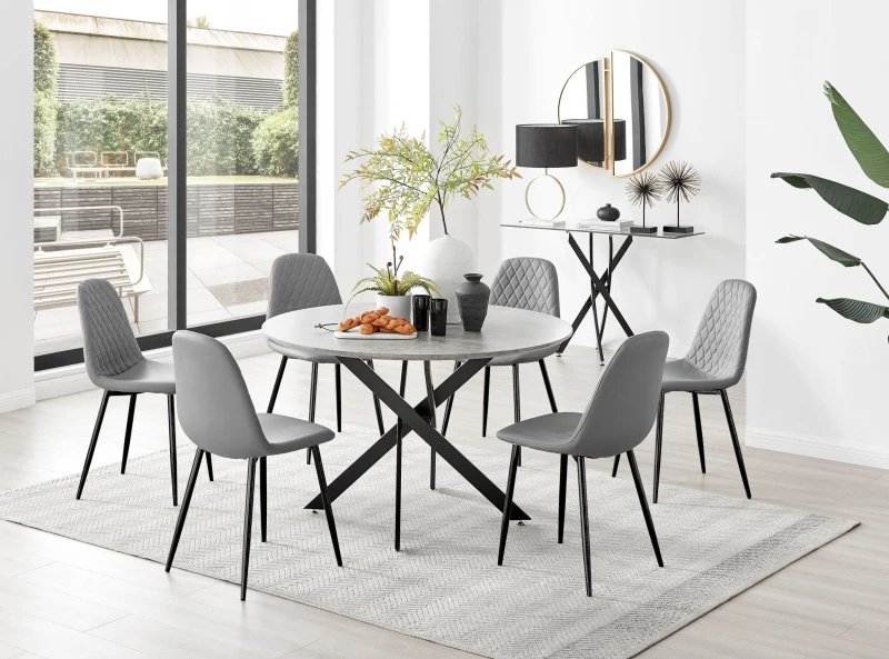 Image of FurnitureboxUK FurnitureboxUK Novara Grey Concrete Effect Black Leg 120cm Round Dining Table & 6 Corona Black Leg Chairs Grey One Size Unisex 50566571