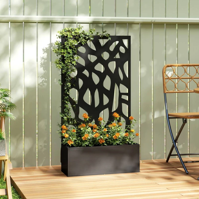 Image of OUTSUNNY Metal Raised Garden Bed with Trellis, Outdoor Planter Box in Black Unisex