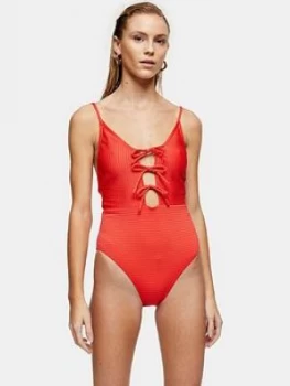 Image of Topshop Seersucker Tie Front Swimsuit - Red