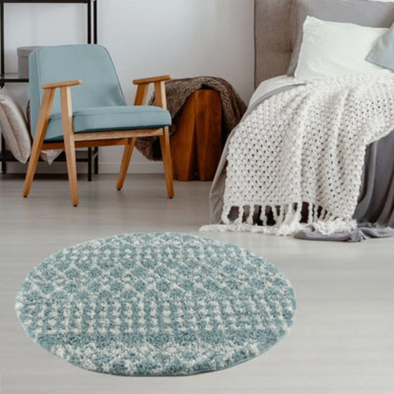 Image of THE RUGS Soft Moroccan Diamond Shaggy Rugs & Runners Duck Egg Blue Living Room Size: 120cm diameter Duck Egg Blue Unisex 120cm diameter
