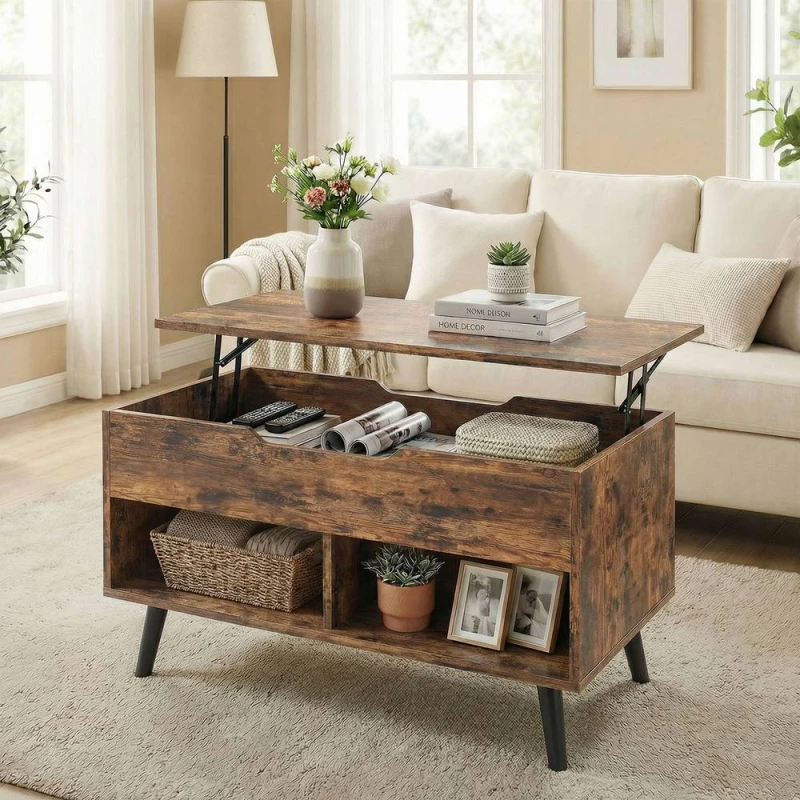 Image of HOMCOM Lift Top Coffee Table Hidden Storage 75cm Rustic Brown Brown Unisex