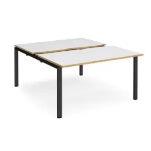 Image of Bench Desk 2 Person Starter Rectangular Desks 1400mm With Sliding Tops White/Oak Tops With Black Frames 1600mm Depth Adapt