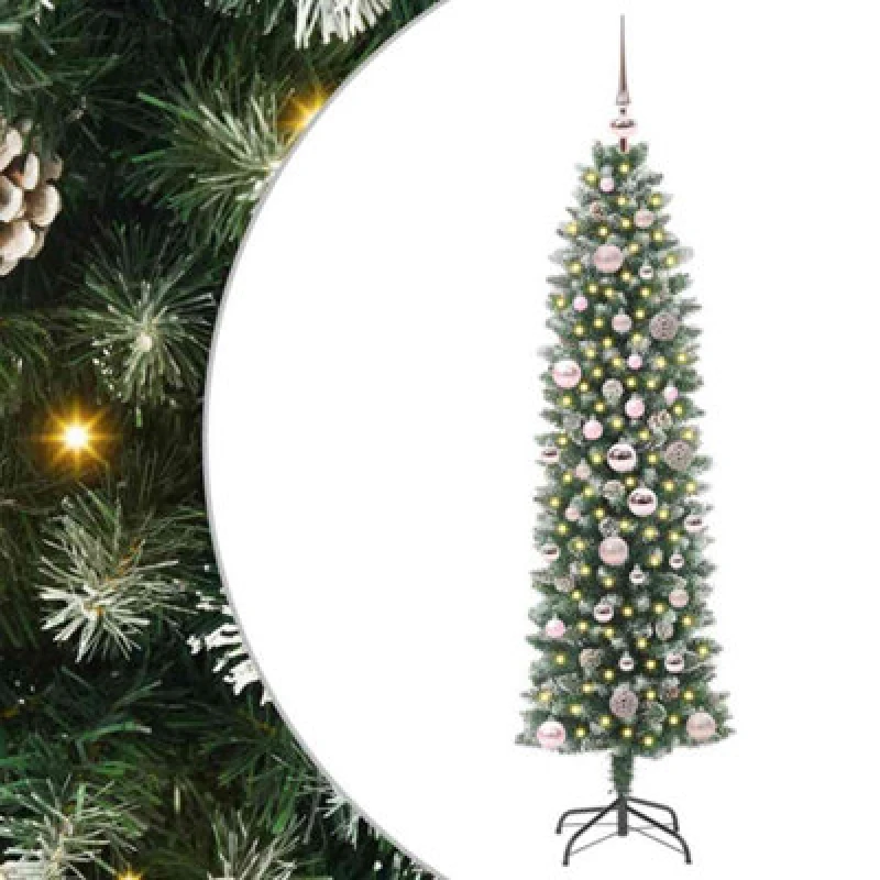 Image of vidaXL Artificial Slim Christmas Tree with Pink Balls Green and white 150 cm, Green 3395283