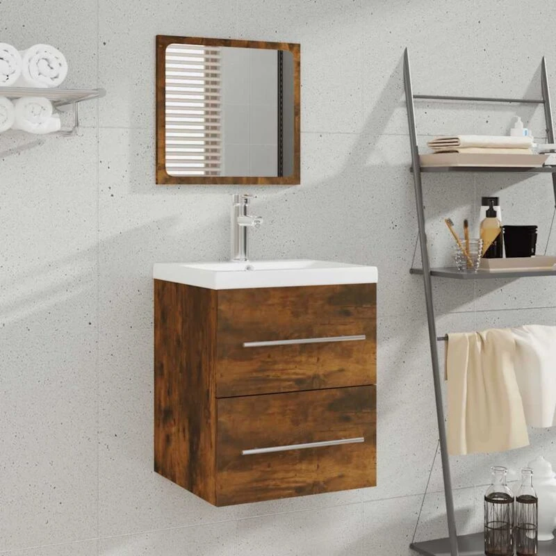 Image of Vidaxl Bathroom Cabinet With Mirror Smoked Oak 41X38.5X48cm Engineered Wood, Brown 820469